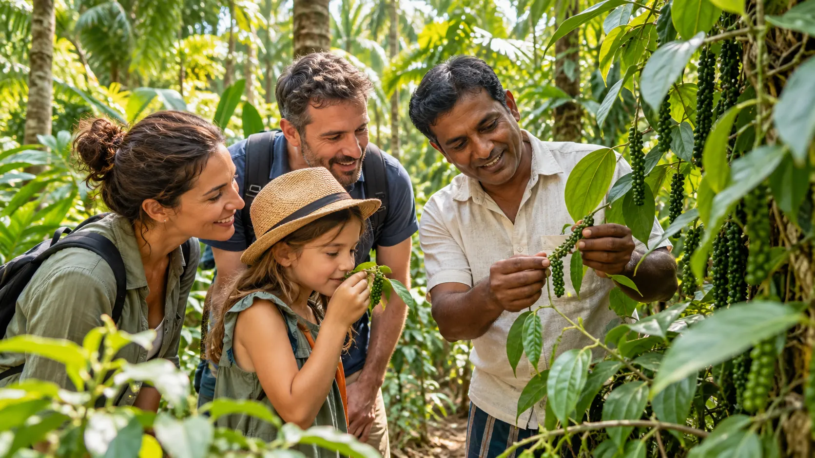 Family exploring a Sri Lankan spice garden with a local guide