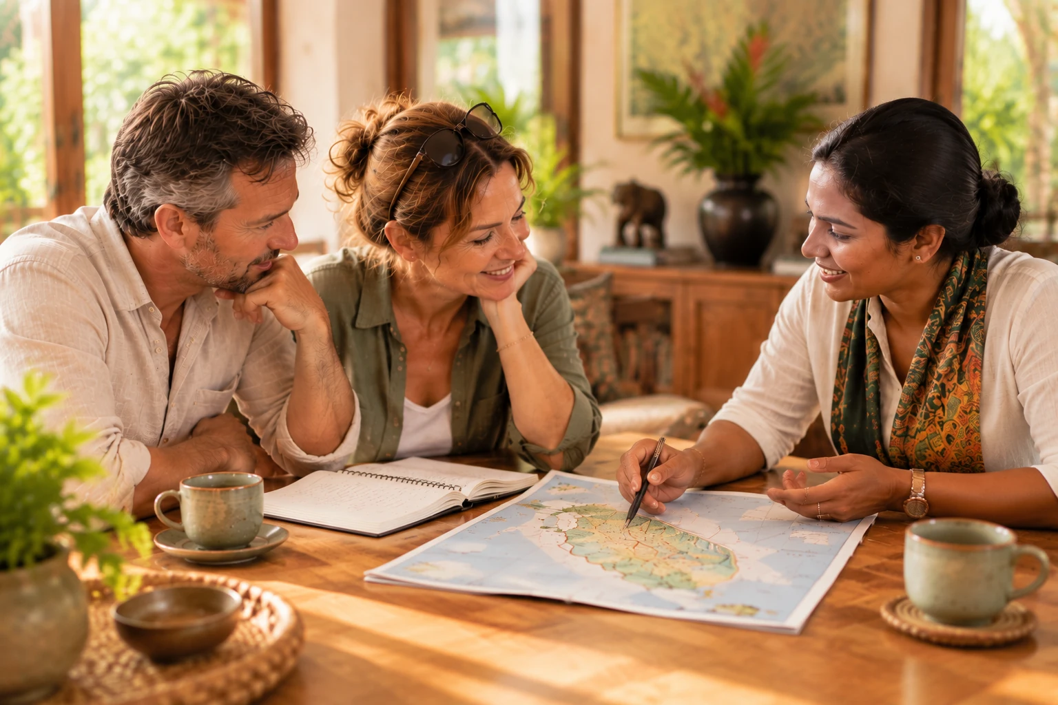Travellers discussing their Sri Lanka trip with a local travel specialist