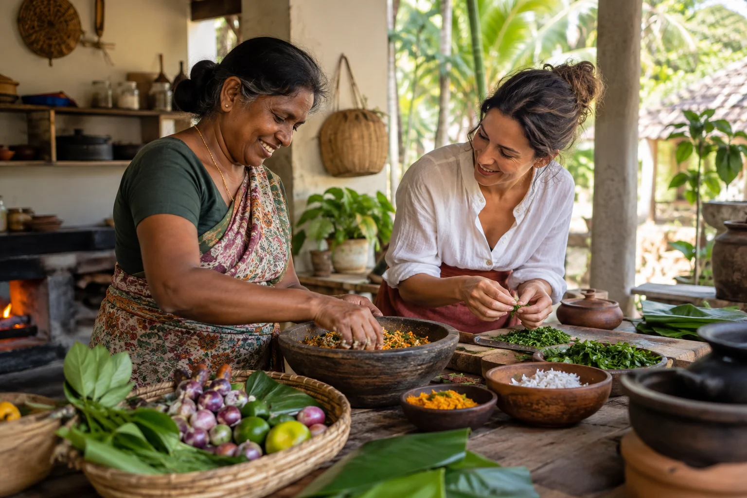 Traveller preparing Sri Lankan food with a local host